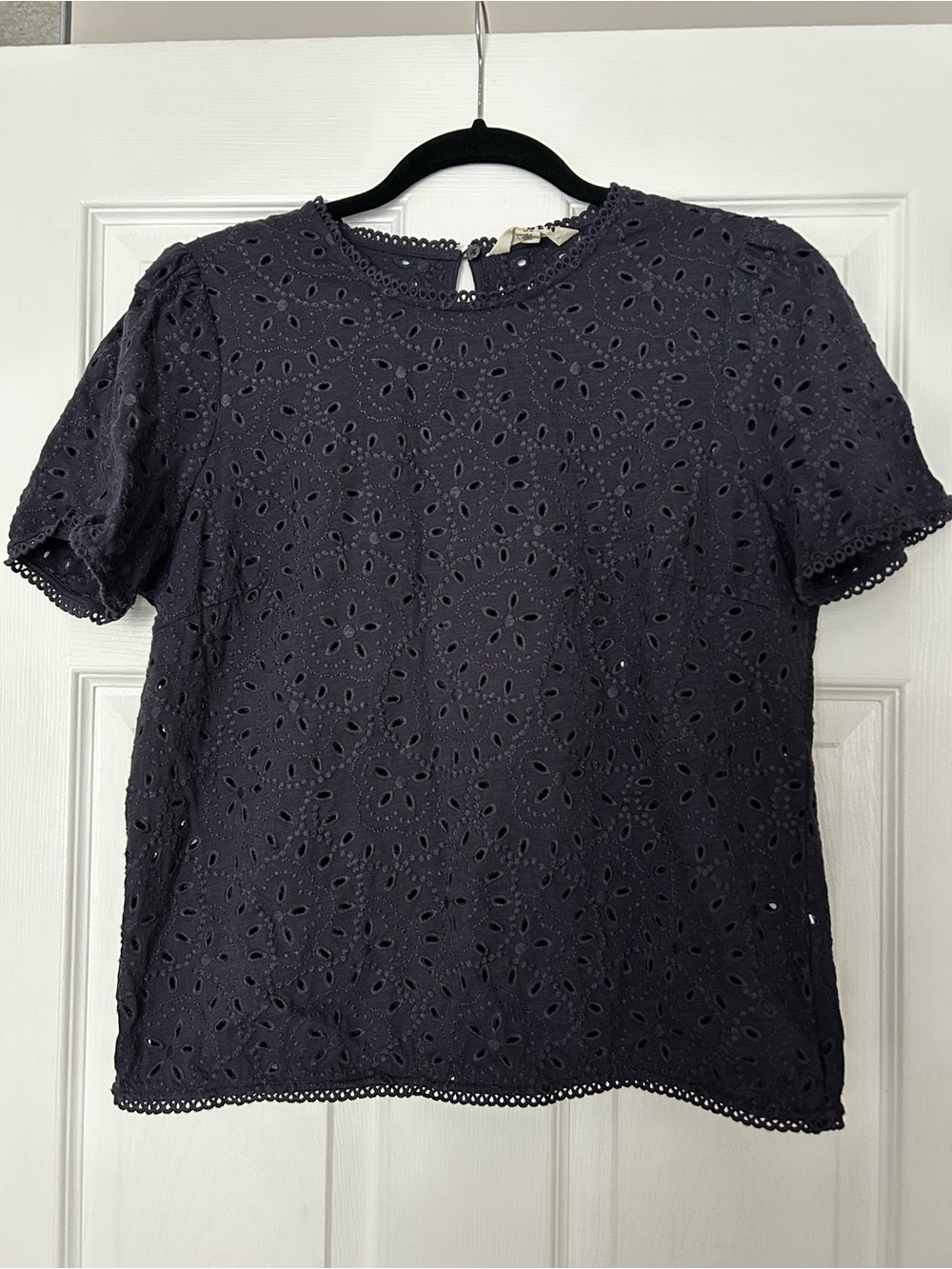 Boden Eyelet Short-Sleeve Top in Navy-Size 8